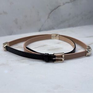 J CREW Mixed Black/Tan Genuine Leather Skinny Belt w/Gold Rivet Embellishments